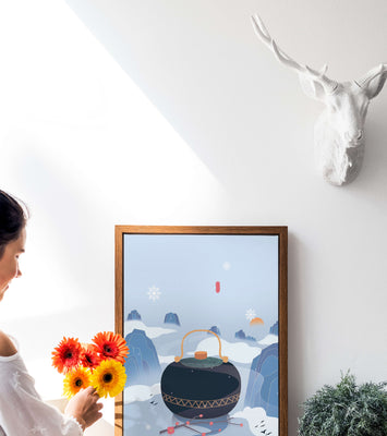 Peaceful winter landscape with kettle and cherry blossoms
