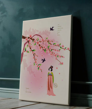 Art chinois traditionnel avec des fleurs de cerisier et une silhouette élégante