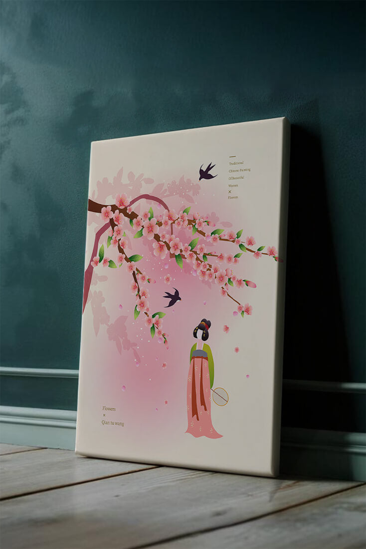 Traditional Chinese art with cherry blossoms and elegant figure