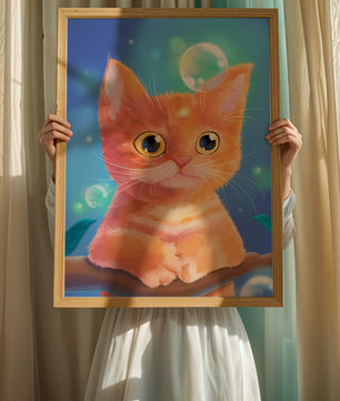 Adorable orange kitten illustration with bubbles and a colorful background