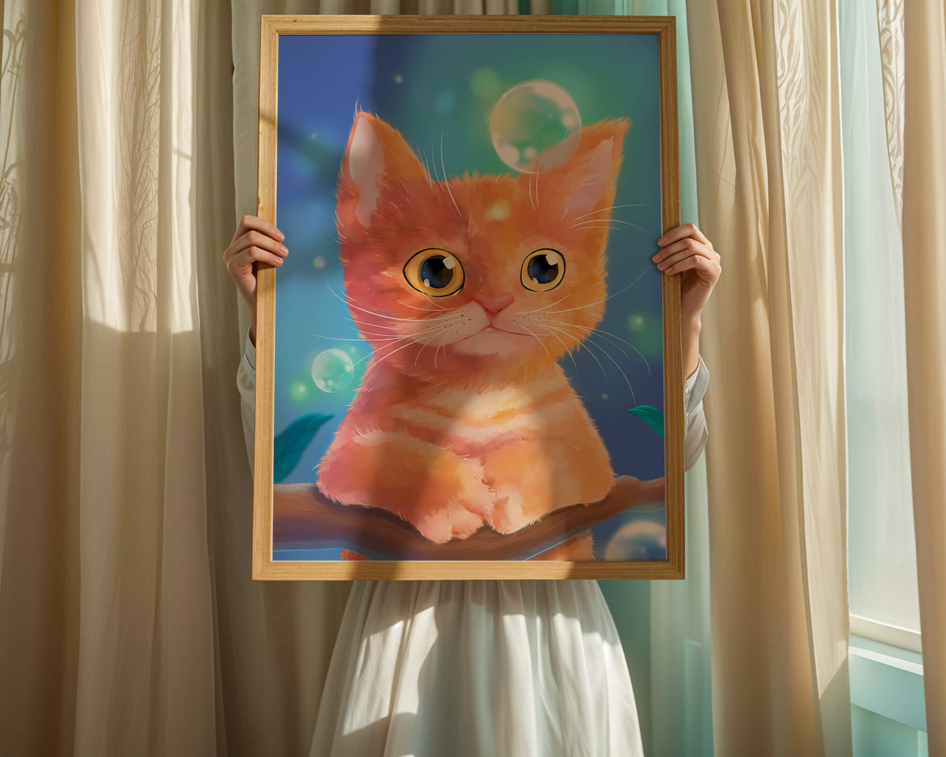 Adorable orange kitten illustration with bubbles and a colorful background