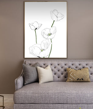 Zarte florale Linienzeichnung mit weißen Mohnblumen auf sauberem Hintergrund