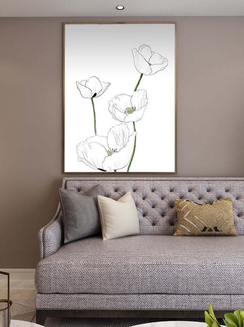 Zarte florale Linienzeichnung mit weißen Mohnblumen auf sauberem Hintergrund