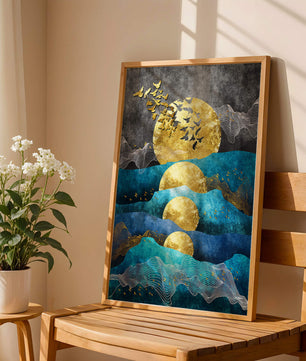 Abstract Landscape with Golden Sun and Flying Birds