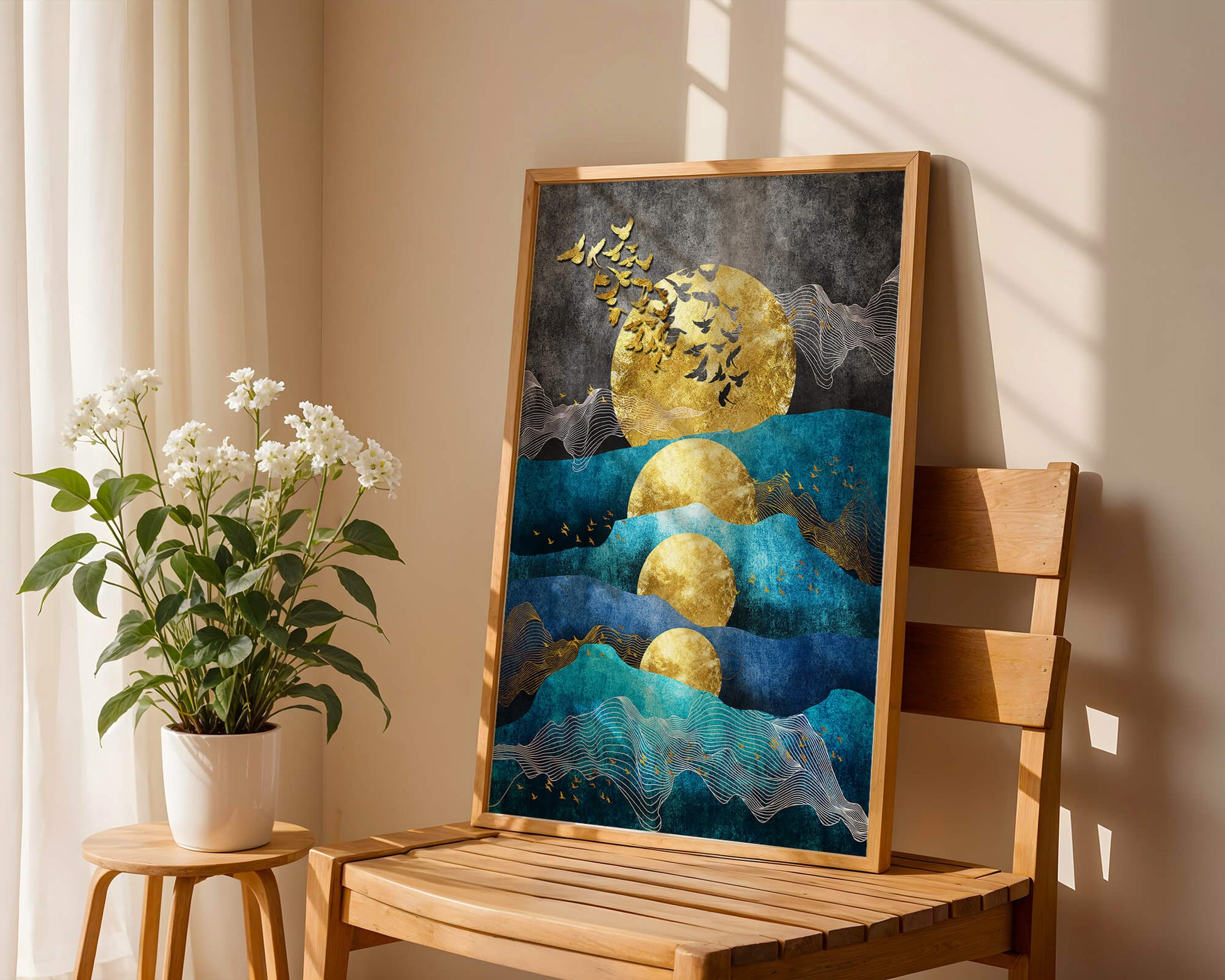 Abstract Landscape with Golden Sun and Flying Birds