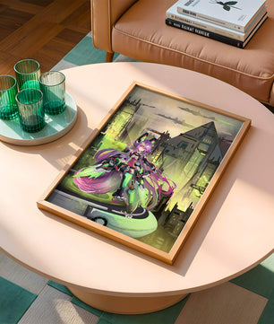 Cyberpunk-Anime-Figur im futuristischen Stadtbild 