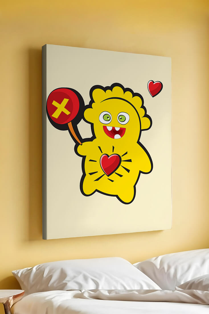 Colorful cartoon character with heart and playful design