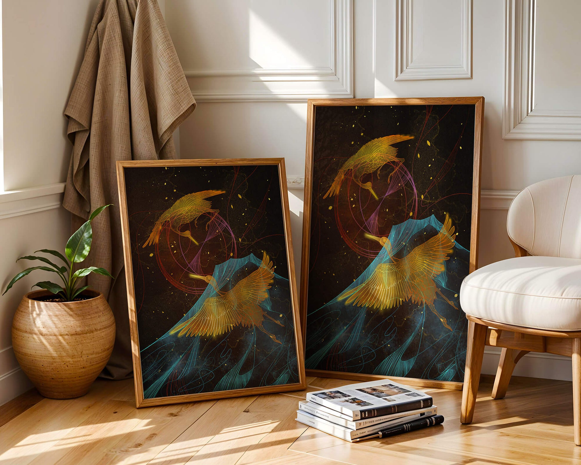 Elegant Cranes in Cosmic Dance with Golden and Blue Accents