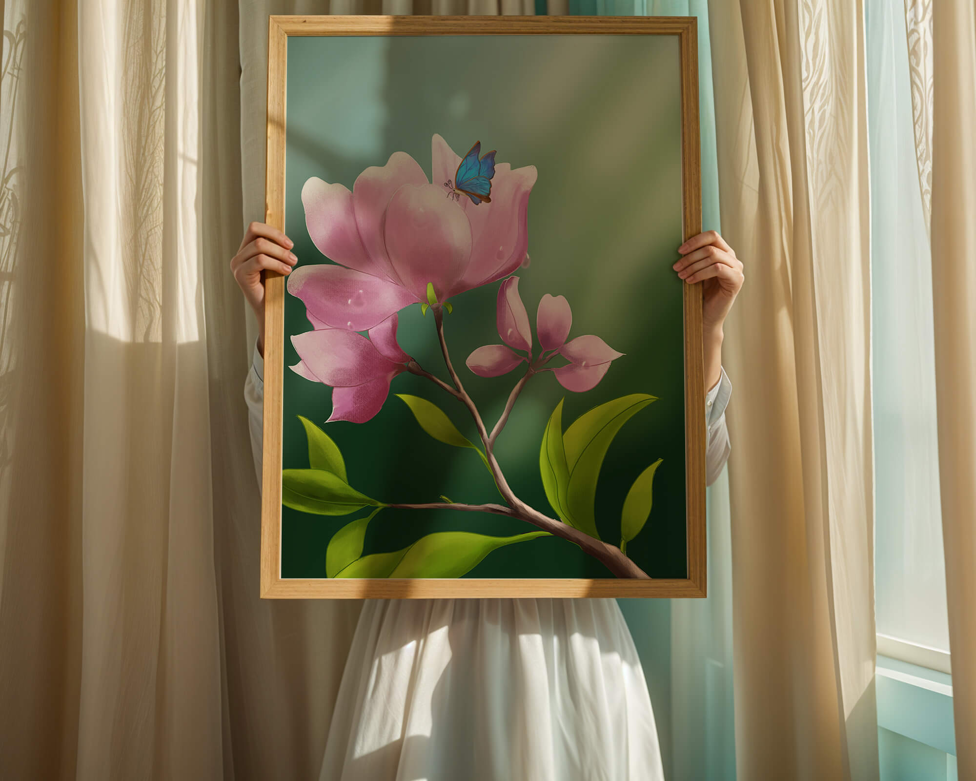 Delicate pink flower with a vibrant blue butterfly in a serene garden setting
