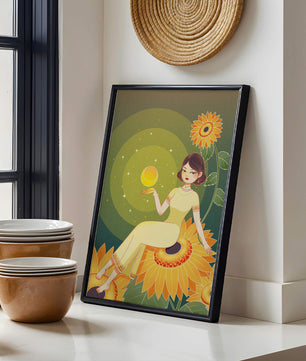 Elegant woman sitting on sunflowers in a celestial scene