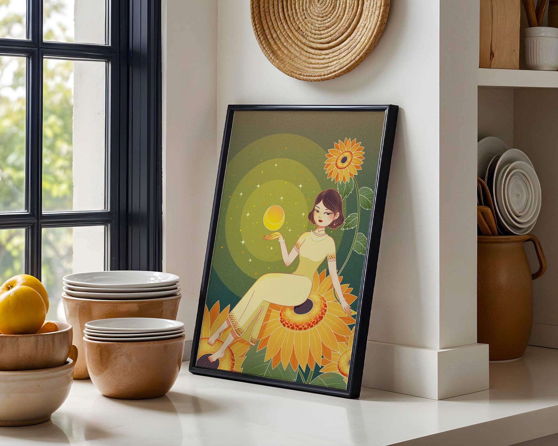 Elegant woman sitting on sunflowers in a celestial scene