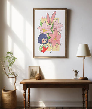 Illustration d'une fille lisant avec de grands lys roses en arrière-plan