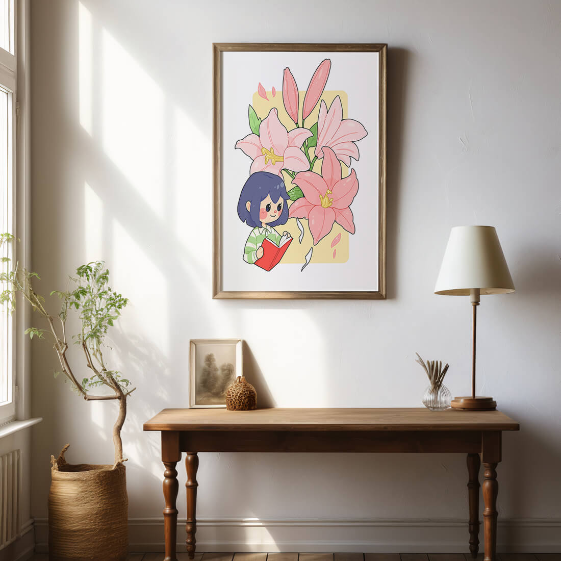 Illustration of a girl reading with large pink lilies in the background