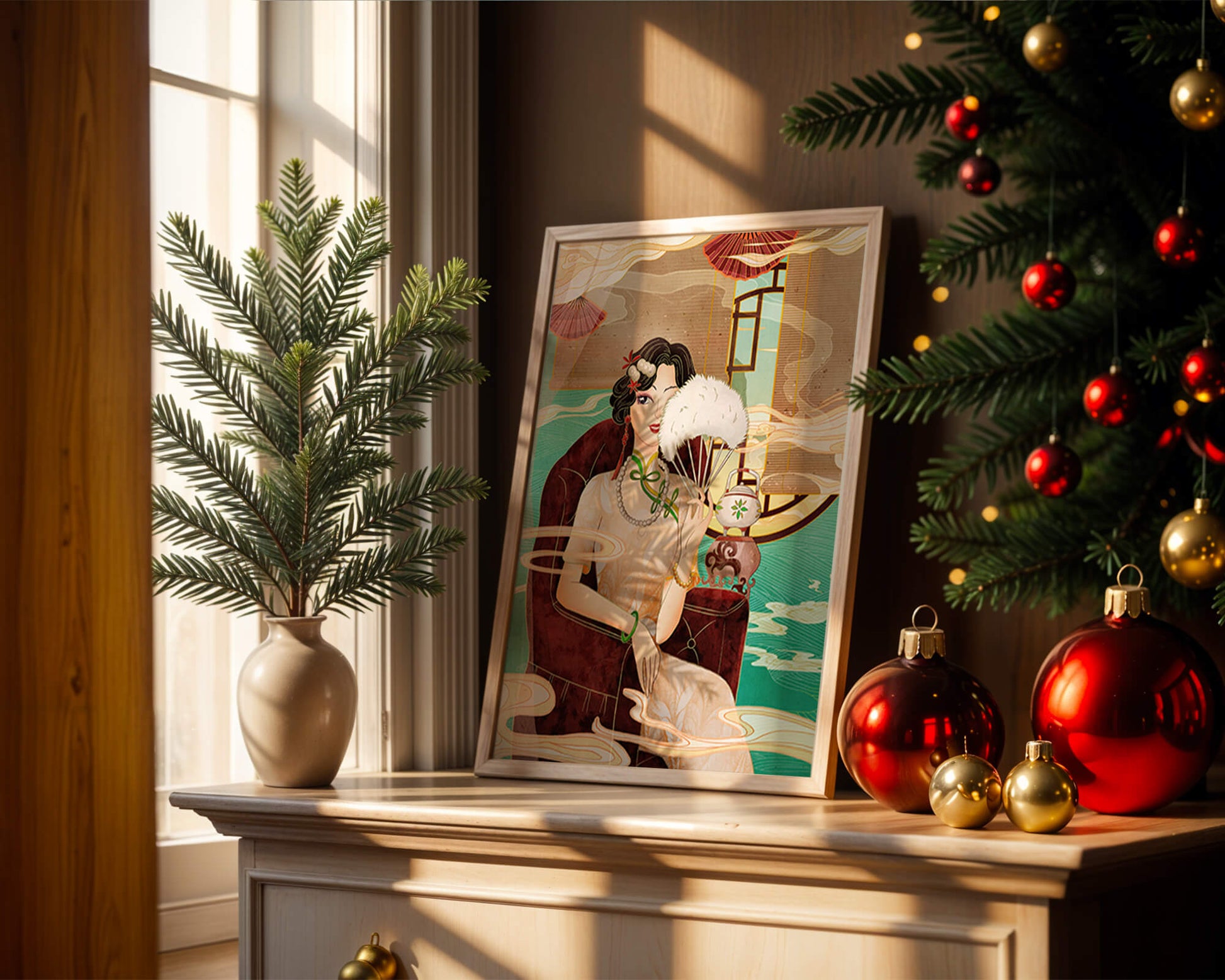 Elegant vintage Asian-inspired artwork featuring a woman with a fan