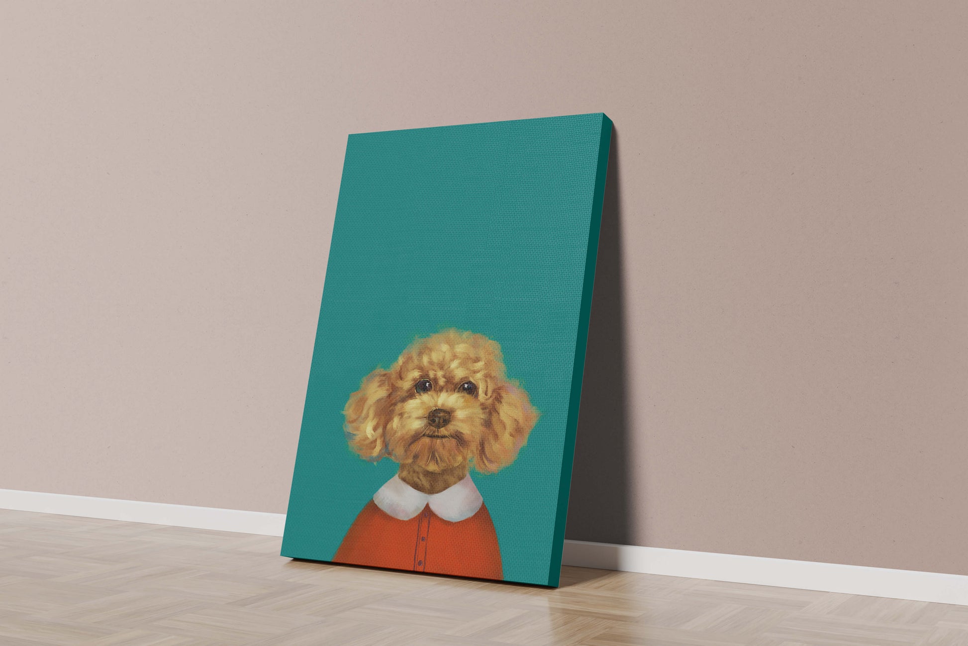 Portrait de caniche charmant en tenue de fête sur fond turquoise