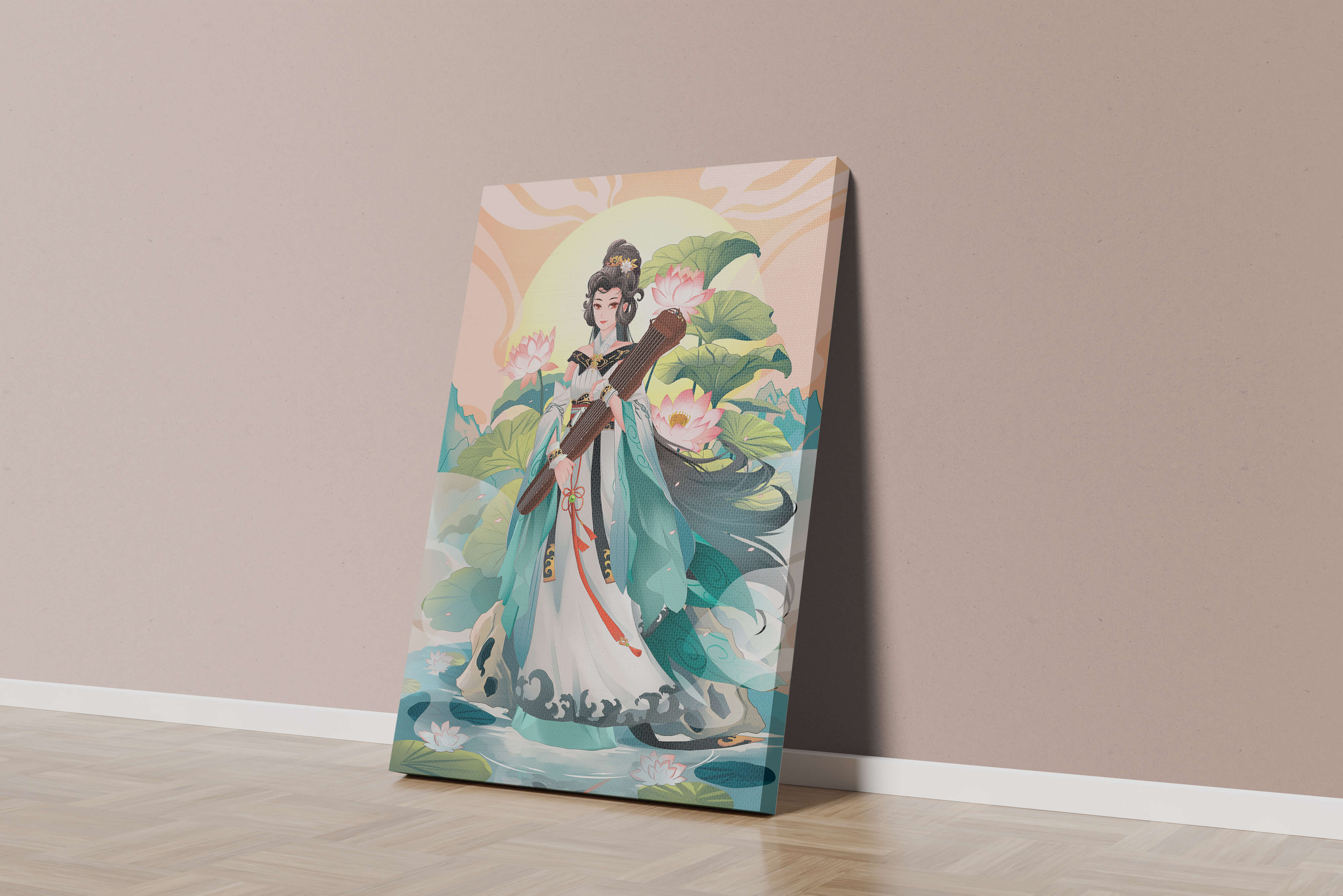 Elegant woman with traditional clothing and musical instrument in serene nature setting