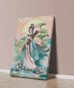 Elegant woman with traditional clothing and musical instrument in serene nature setting