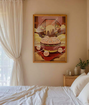 Dumplings de dibujos animados encantadores en un cuenco decorativo en medio de la niebla