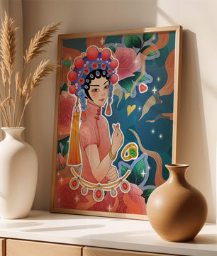 Traditional Asian-inspired illustration with jewelry and floral accents