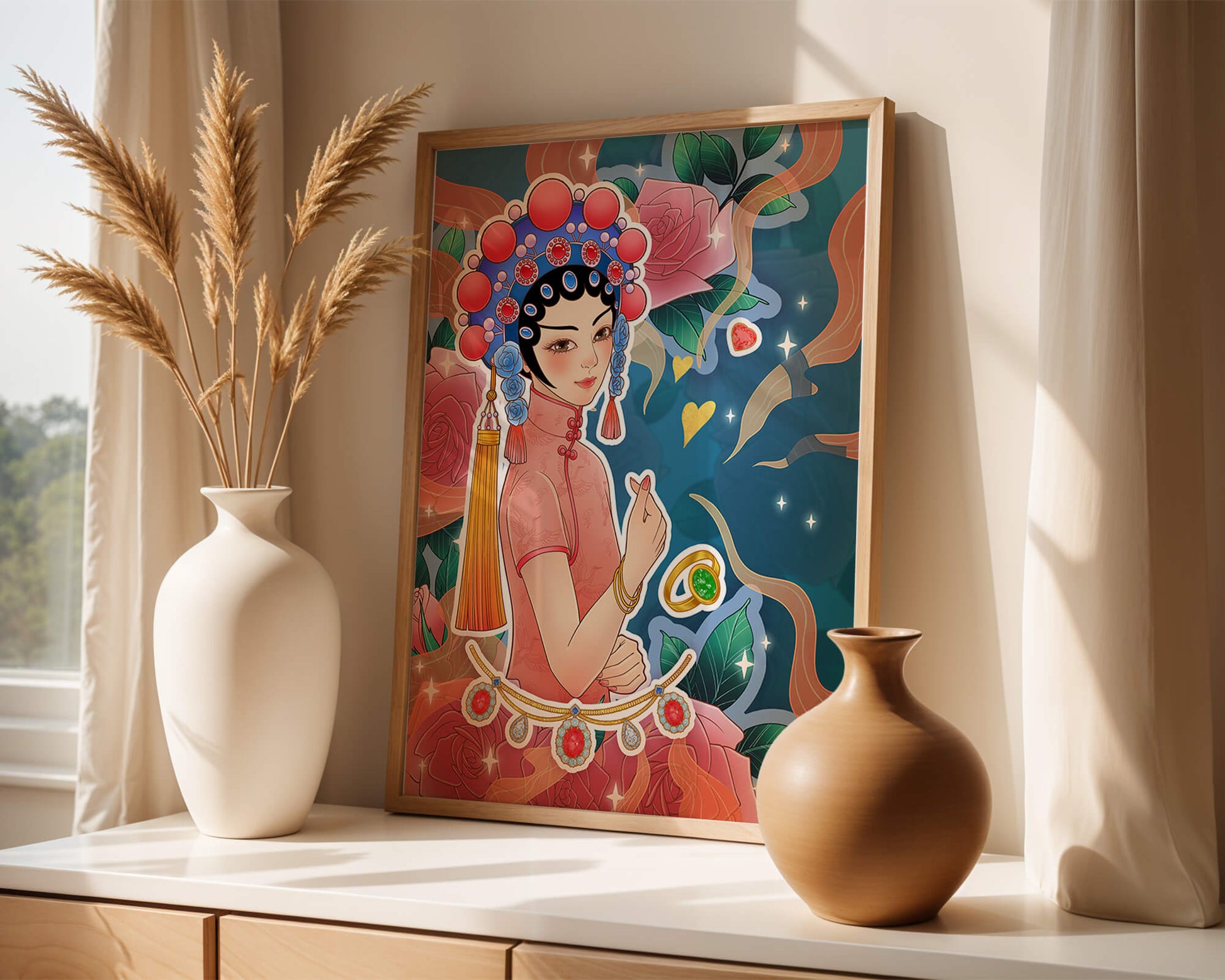 Traditional Asian-inspired illustration with jewelry and floral accents