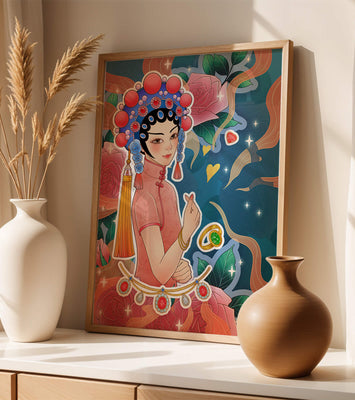 Traditional Asian-inspired illustration with jewelry and floral accents