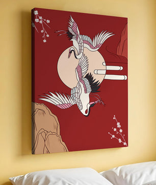 Elegant Asian-inspired artwork featuring flying cranes and cherry blossoms