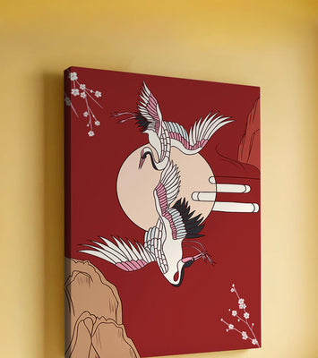 Elegant Asian-inspired artwork featuring flying cranes and cherry blossoms