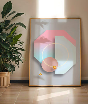 An abstract geometric art piece with pastel tones and golden accents
