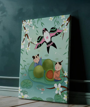 Children Playing on Lotus Leaves with Kite and Cherry Blossoms
