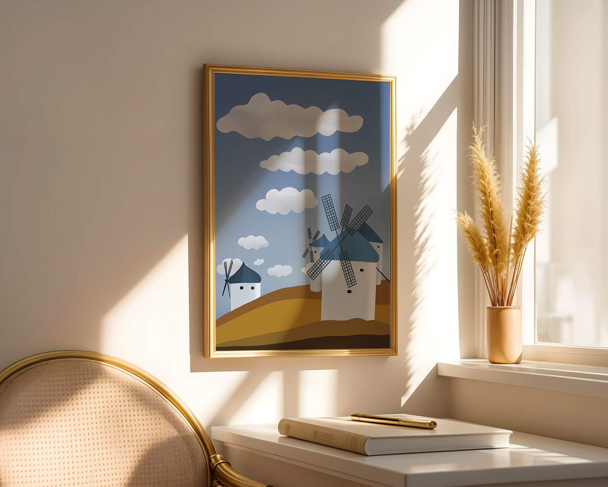 Scenic Windmills on a Sunny Day with Blue Skies and Clouds