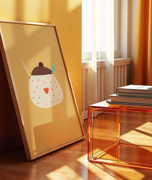 Ilustración de una olla decorada con corazones y vapor sobre fondo amarillo