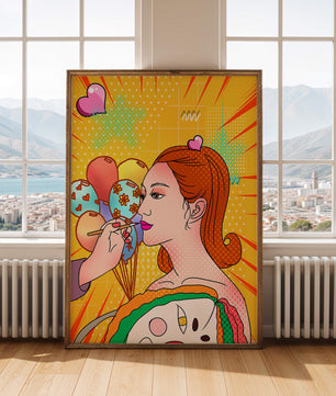 Retrato de mujer en arte pop colorido con globos y patrones vibrantes