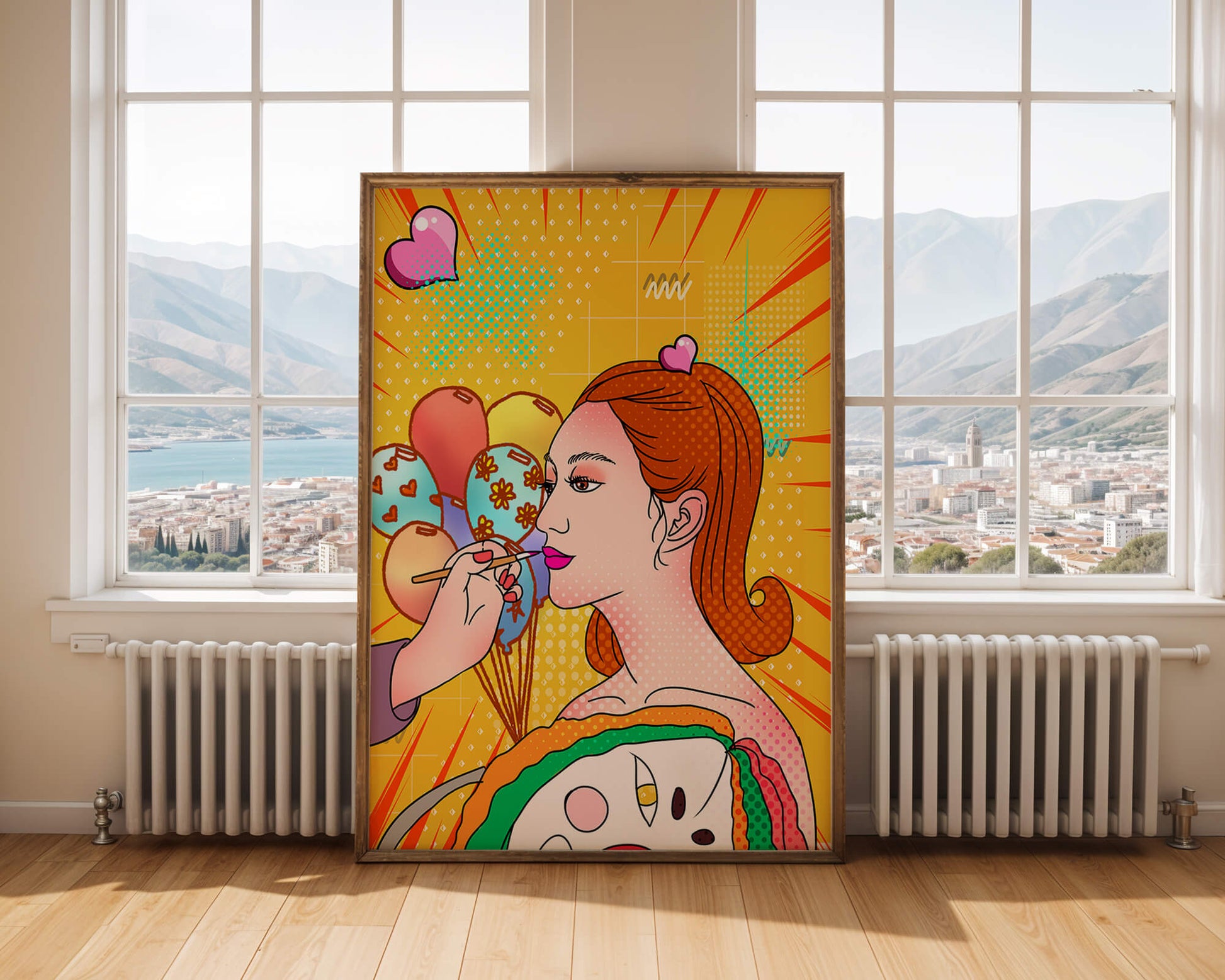 Colorful pop art woman portrait with balloons and vibrant patterns