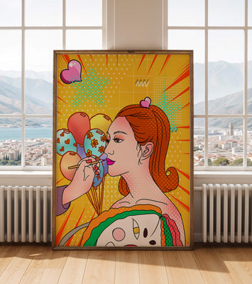 Colorful pop art woman portrait with balloons and vibrant patterns