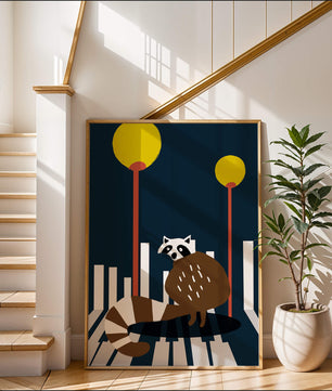 Raccoon Illustration with Urban Street Lamps and Geometric Design