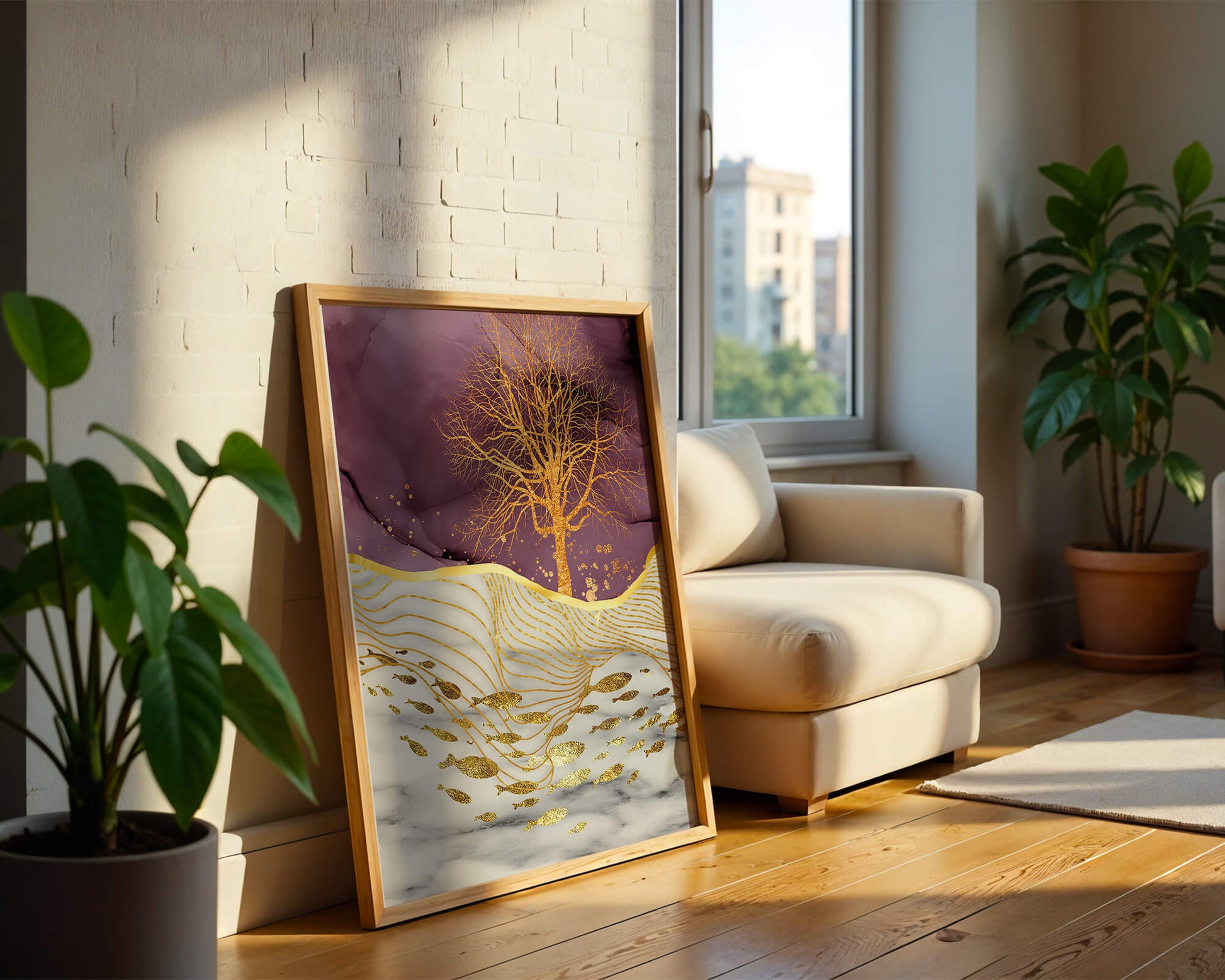 Abstract Tree with Gold Fish on Marble Background