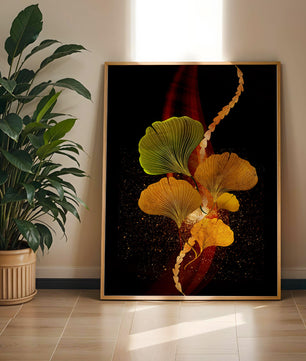 Art abstrait floral avec des feuilles de gingko dorées et un fond sombre