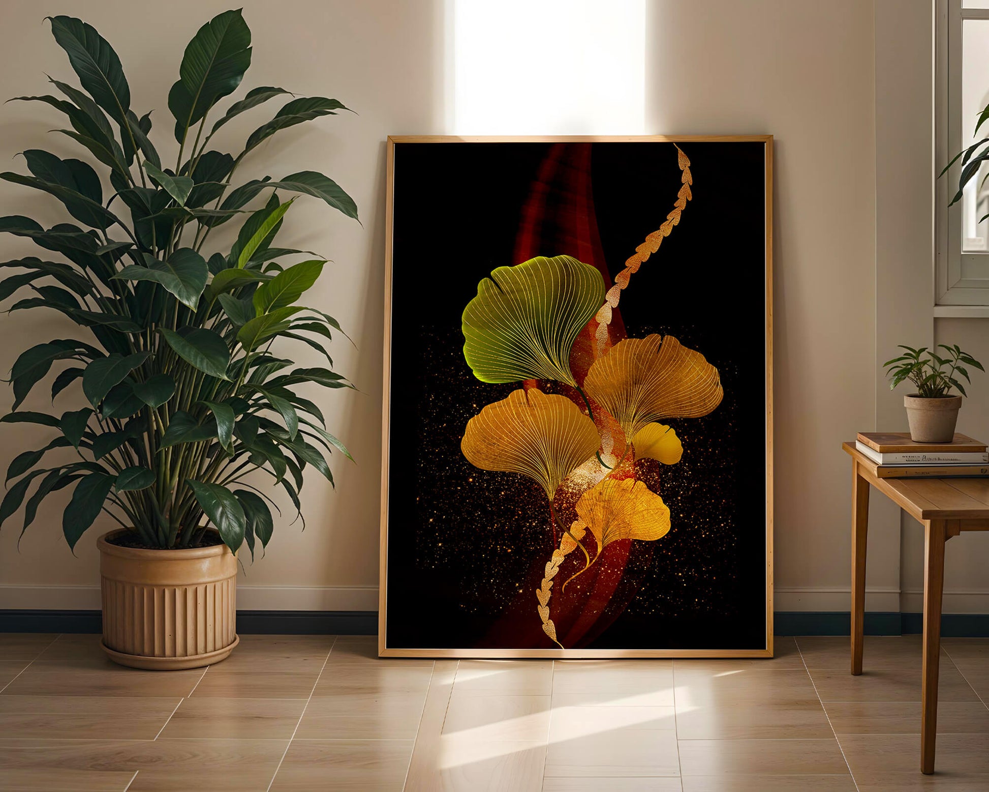 Art abstrait floral avec des feuilles de gingko dorées et un fond sombre
