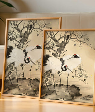 Traditional Japanese Painting of Cranes with Pine Tree and Gold Details