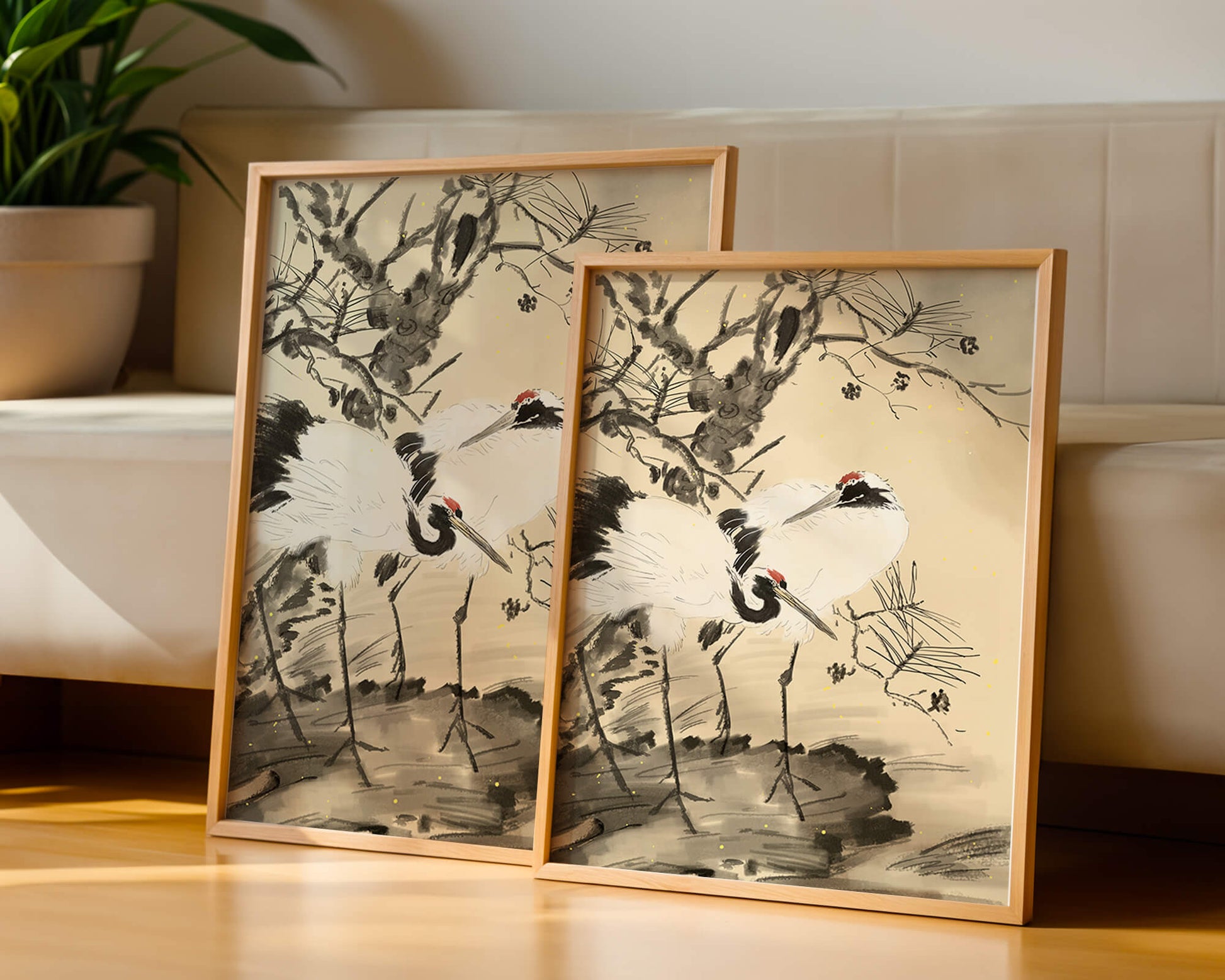 Pintura tradicional japonesa de grullas con pino y detalles dorados