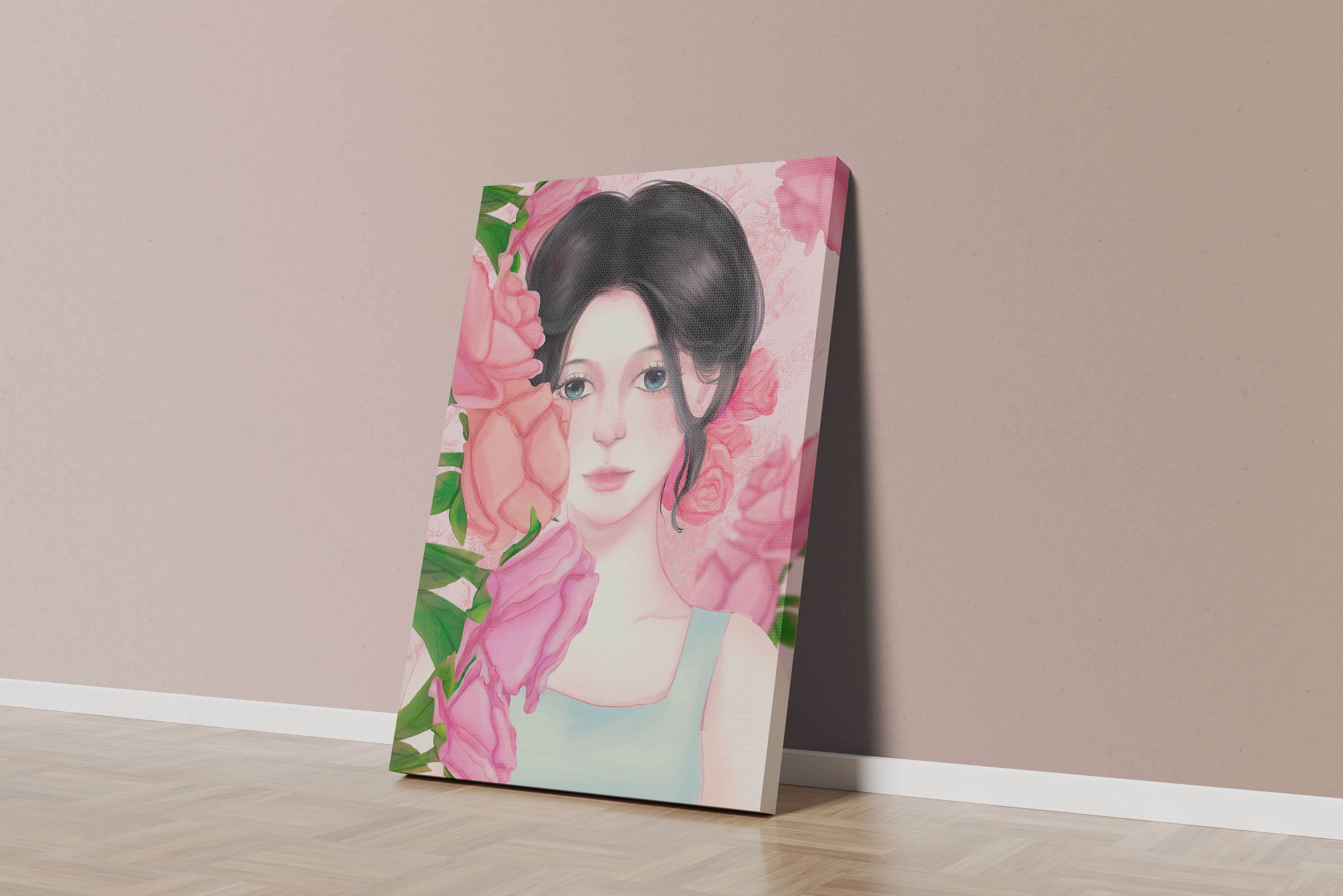 Illustration of a woman surrounded by pink roses