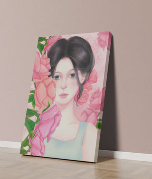 Illustration d'une femme entourée de roses roses
