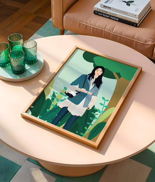 Illustrative portrait of a woman in a stylish outfit with nature backdrop