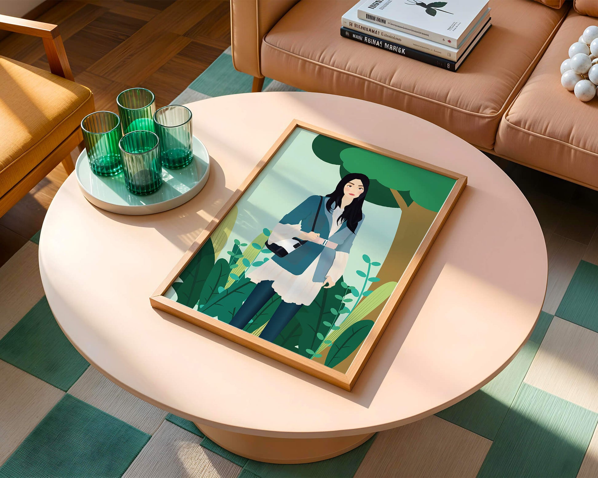 Illustrative portrait of a woman in a stylish outfit with nature backdrop