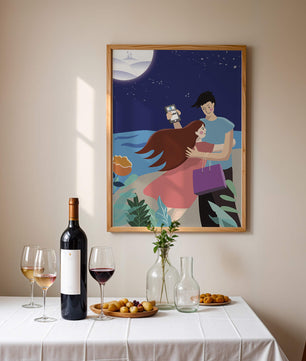Pareja romántica abrazándose bajo una noche iluminada por la luna