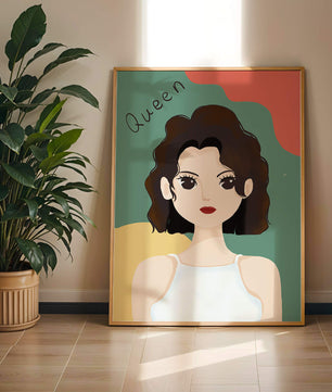 Stylized illustration of a confident woman with abstract background