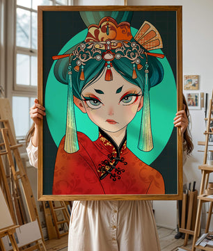 Elegant illustration of a woman in traditional attire with intricate headpiece