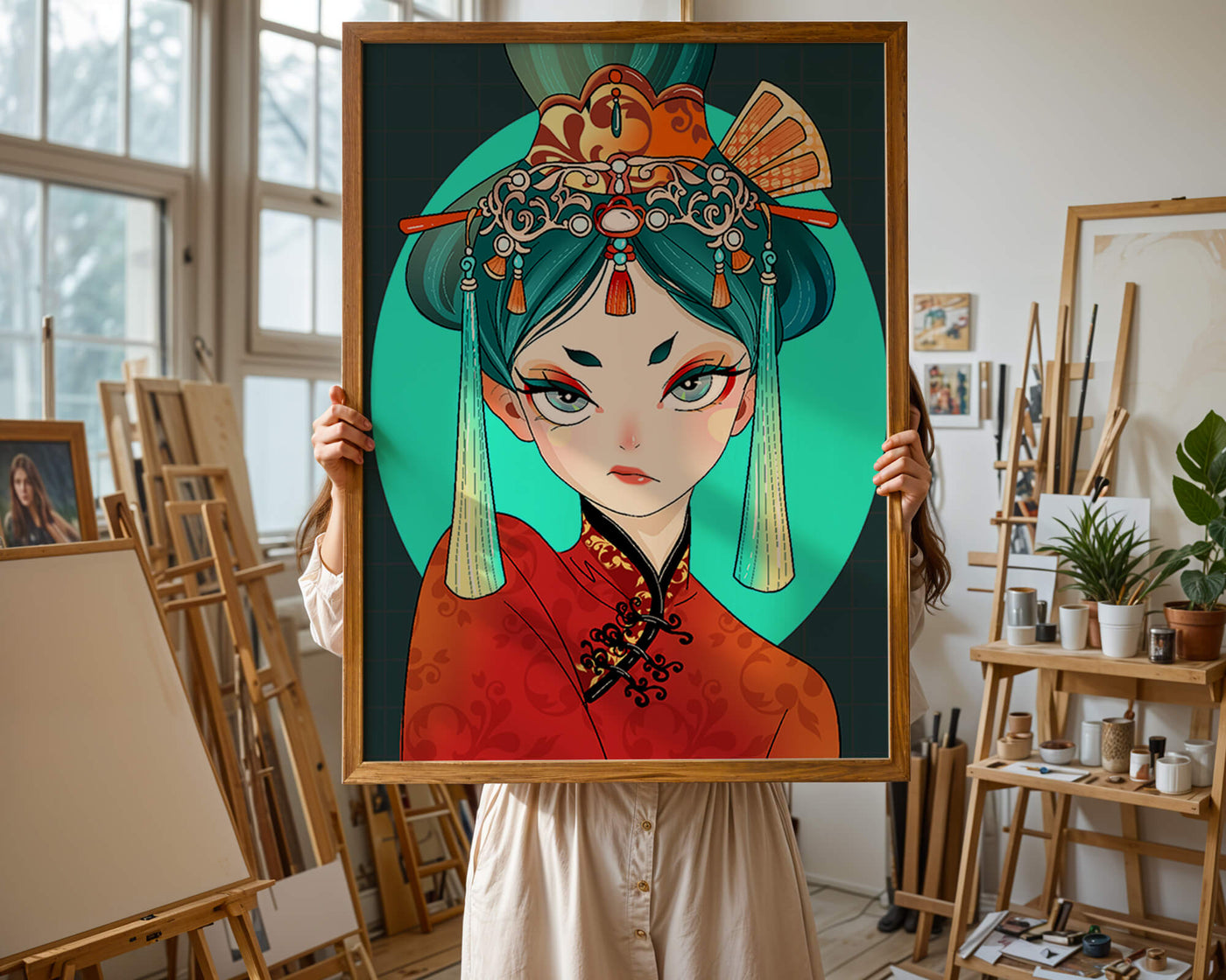 Elegant illustration of a woman in traditional attire with intricate headpiece