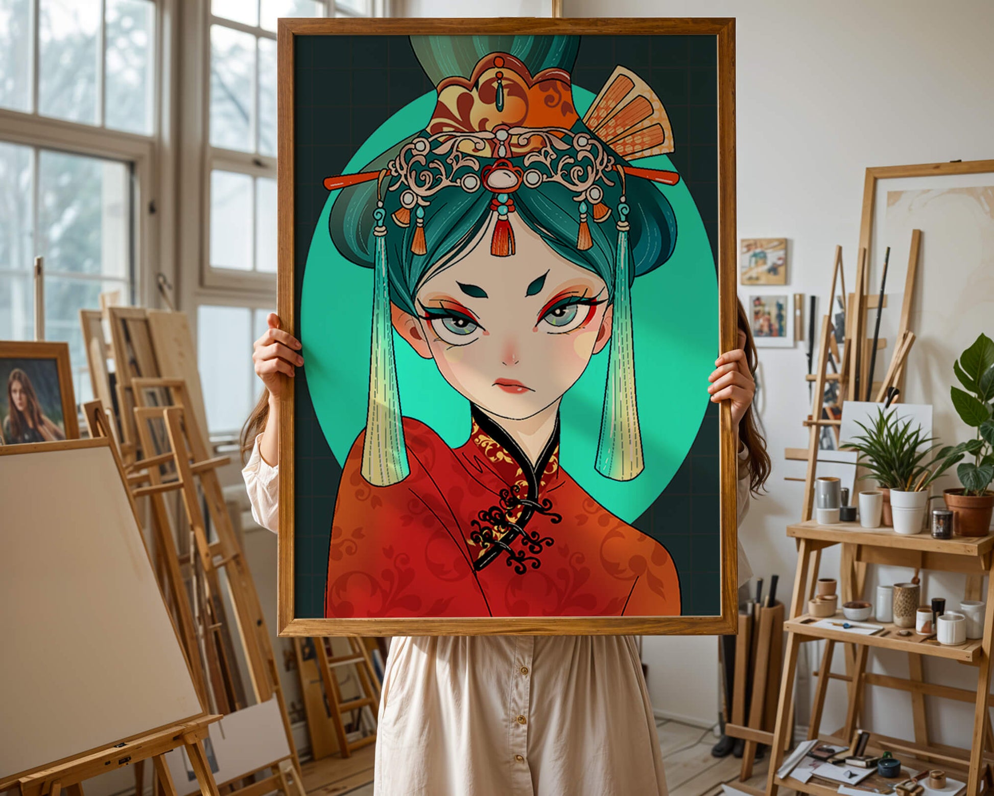 Elegant illustration of a woman in traditional attire with intricate headpiece