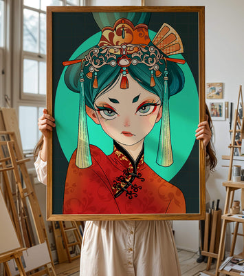 Elegant illustration of a woman in traditional attire with intricate headpiece